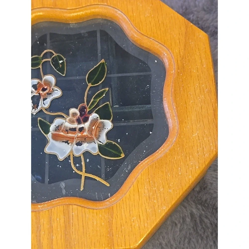 VTG Wooden Octagon Jewelry Box Floral Etched Glass Lid Mirror Inset Small 70s